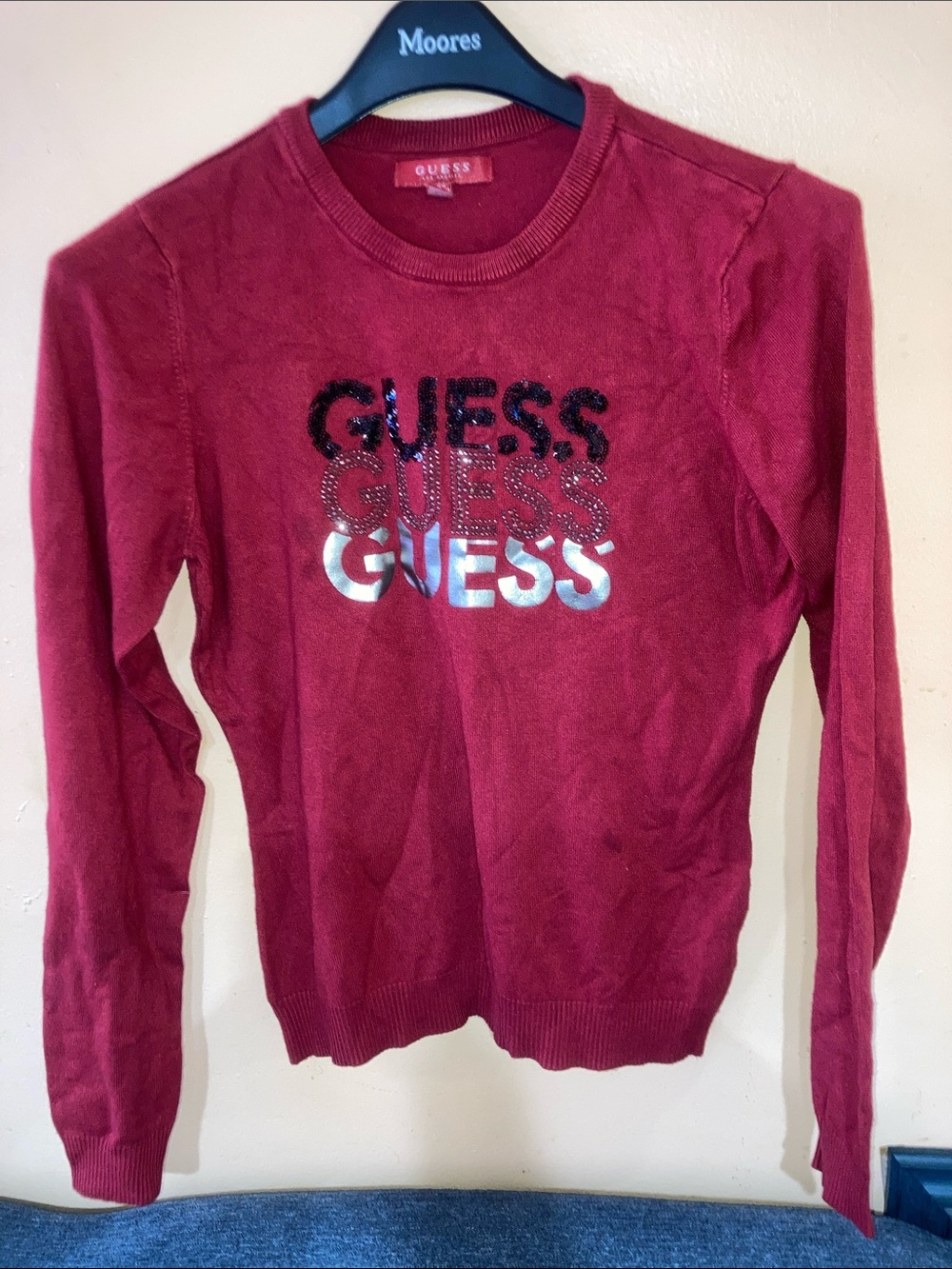 GUESS Burgundy Long Sleeve Logo Sweater with Metallic & Glitter Stack